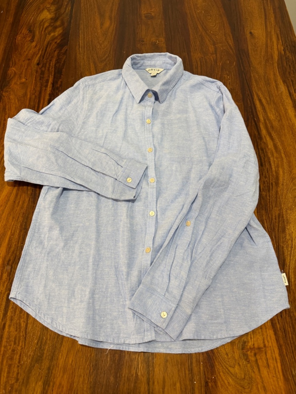 Orvis Light Blue Casual Linen Button-Down Shirt with Roll up sleeves Swiss Tabs